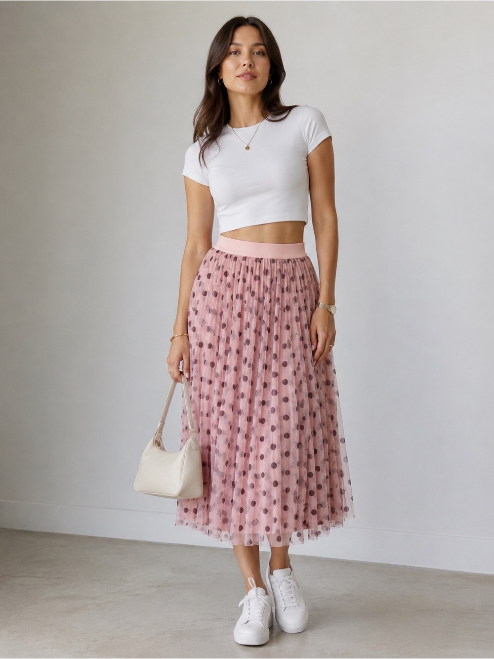 New 
Pink Polka Dot Tulle Midi Skirt Romantic Fairygoth Y2K Coquette Balletcore